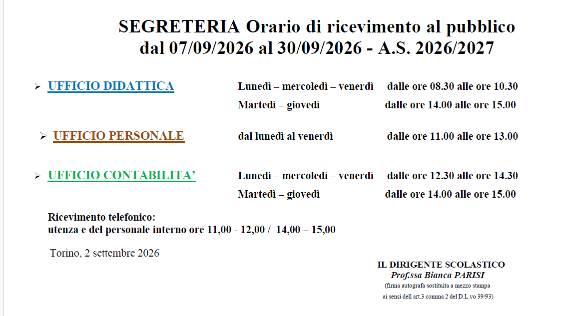 SEGRETERIA Orario di ricevimento al pubblico dal 07/09/2026 al 30/09/2026 - A.S. 2026/2027